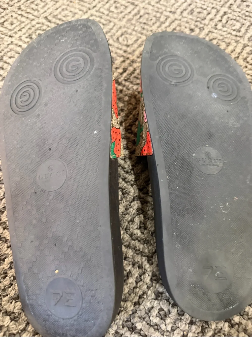 Gucci Strawberry Print Slide Sandals in Black and Red